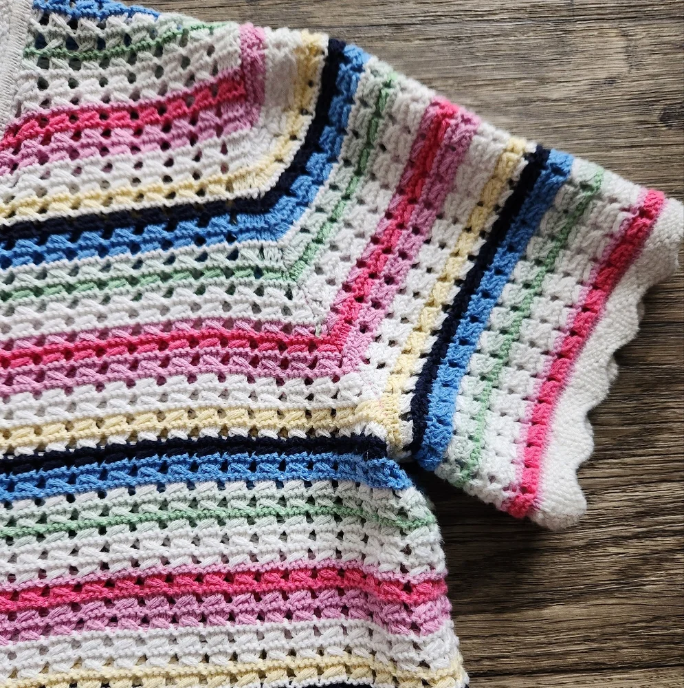 GAP Multicolor Striped Crochet Knit Short Sleeved Sweater Top Size XL